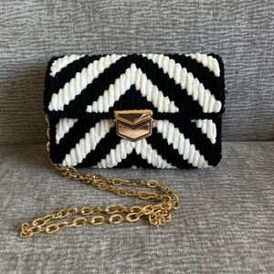 Handmade Black & White Plush Crossbody Bag with Gold Chain